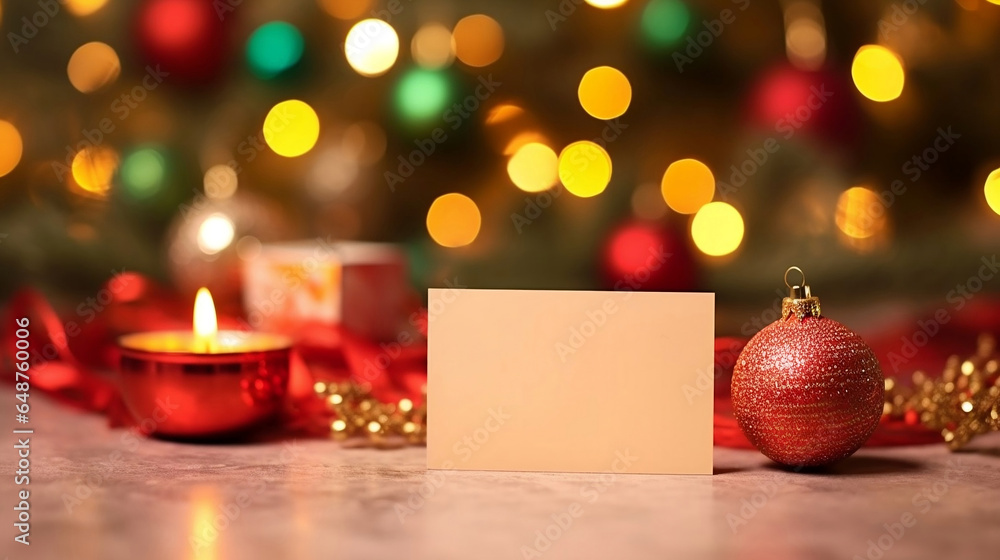 Mockup blank card and Christmas tree ornaments with bokeh, Christmas background.