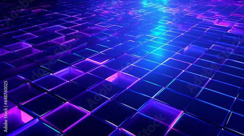 Neon glow cyan blue and purple perspective grid room, cyberspace, digital techonology and VR concept, retro future abstract background.