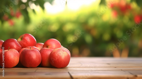 Fresh red apples on wooden table and blurred apple farm on the background, mockup product display wooden board.