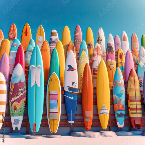 Painted Surfboard,Vibrant Voyage: Surfboards Ready for the Waves,illustration of surfboards on the beach