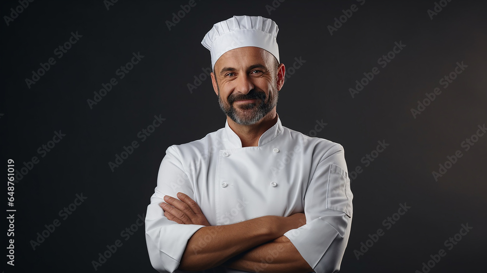A European chef who works as a chef. Put on the restaurant's uniform. Standing with arms crossed, smiling proudly at the taste of his food. On a gray background, smile, happiness. Generative AI