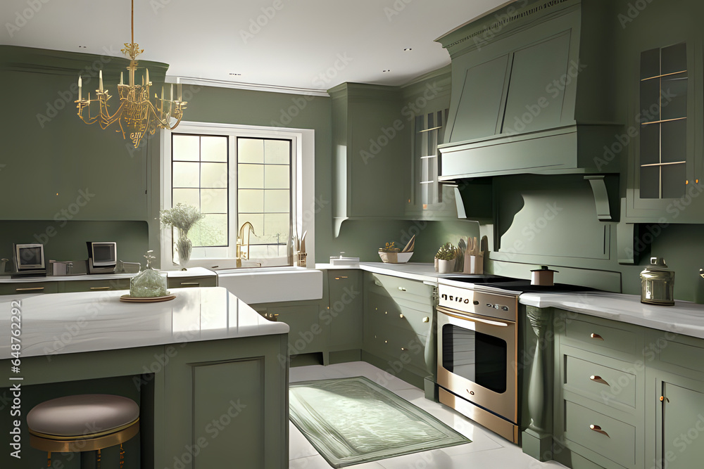 Luxury kitchen decor with hanging crystal lamp, interior design and house improvement, bespoke sage green Luxury kitchen decor with hanging crystal lamp, interior design and house improvement, bespoke sage green