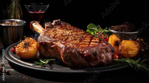 Grilled Tomahawk steak with juice and seasoning, black background,