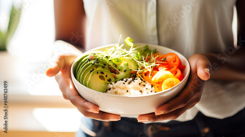 Close up of a black African American woman's hands holding a Poke bowl of raw fish brown rice cucumber carrots avocado greens and sesame seeds