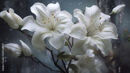 An illustration of madonna Lillies against a blue background. 