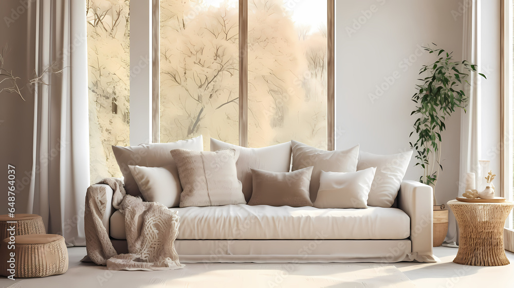 Fototapeta premium Home interior - Beige fabric sofa against window