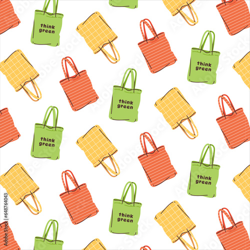 Pattern background with eco-friendly fabric shopping bags. Zero-waste shopping. Sustainability at home.