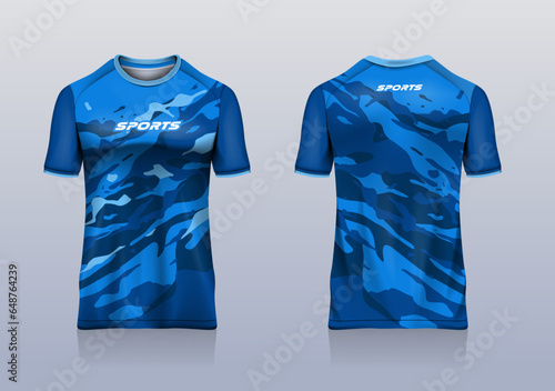 Sport jersey template mockup camuflase grunge abstract design for football soccer, racing, gaming, run, blue color.
