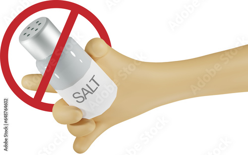 Eat less salt, low sodium for health concept. Hand holding salt bottle with stop sign. 3D cartoon character rendering PNG. photo