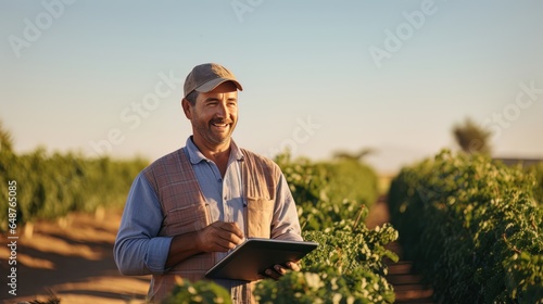 Portrait of Male Farmer Using Tablet in the Farm, Observes and Check Growth Plants, Agriculture Smart Farming Concept