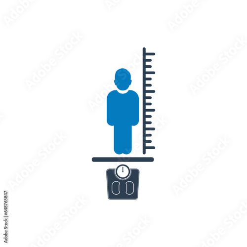 Body Mass Index (BMI) Icon. With Man, Weight and Height Scale Symbols. Editable Flat Vector Illustration.