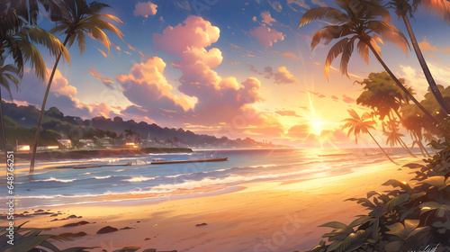 Beautiful sunset on the beach. golden Sunset over the sea. Illustration
