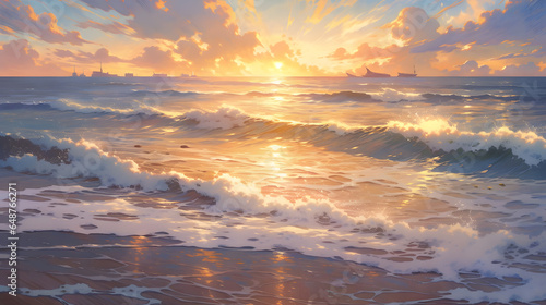 Beautiful shiny sunset on the beach. Sunset over the sea. Illustration © wing