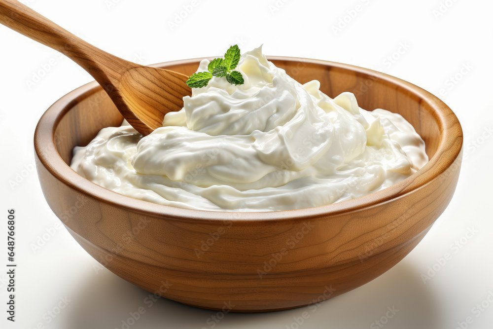 White natural creamy yogurt in wooden bowl and spoon isolated on white background White natural creamy yogurt in wooden bowl and spoon isolated on white background