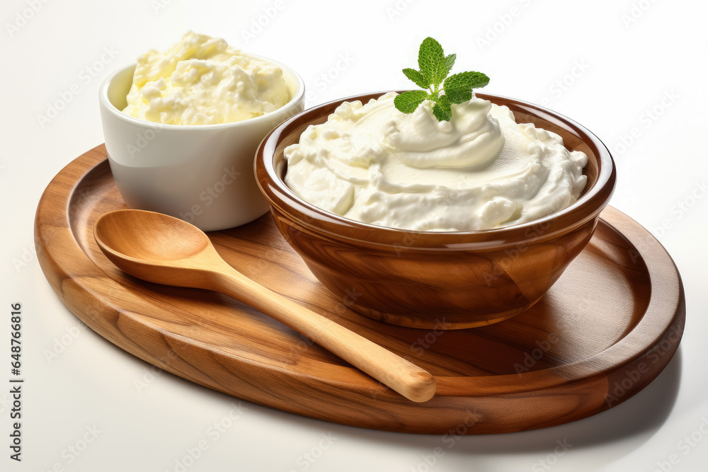White natural creamy yogurt in wooden bowl and spoon isolated on white background White natural creamy yogurt in wooden bowl and spoon isolated on white background
