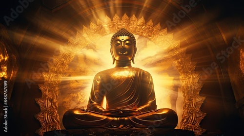 Golden Buddha statue with splashes of light , Buddha statue used as amulets of Buddhism religion photo