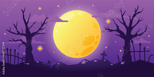 Full Moon Shining Over Haunted Graveyard, Starry Halloween Night Scene, Vector, Illustration