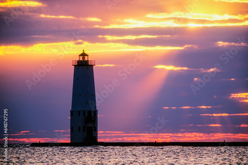 Sunset at Frankfort North Breakwater Lighthouse Michigan, USA, North American