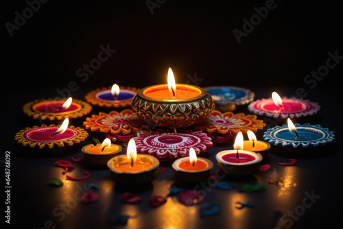 Colorful clay diya lamps lit during diwali celebration , Happy Diwali