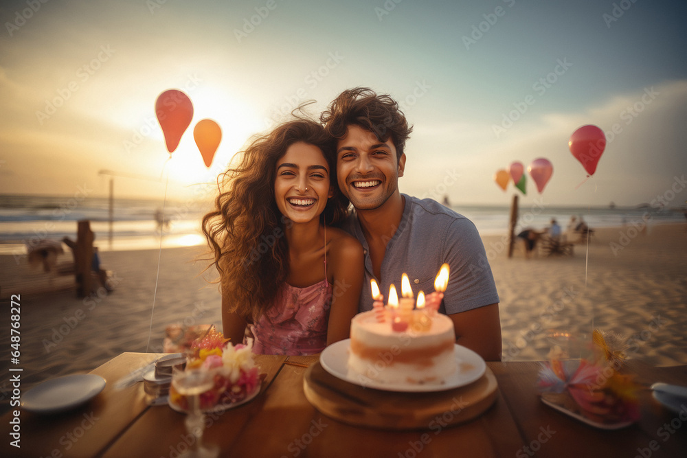 young indian couple celebrating birthday at the beach side - obrazy, fototapety, plakaty 