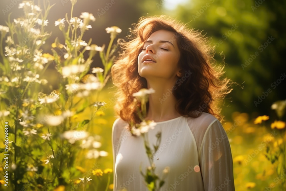 eine Frau mit geschlossenen Augen im Blumenfeld, goldenes Licht, a woman with closed eyes in flower field, golden light eine Frau mit geschlossenen Augen im Blumenfeld, goldenes Licht, a woman with closed eyes in flower field, golden light
