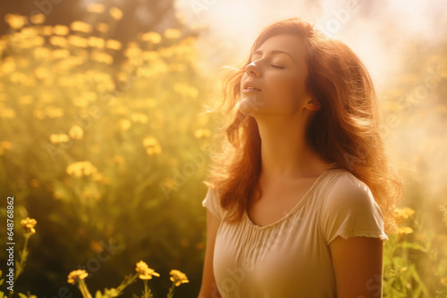 eine Frau mit geschlossenen Augen im Blumenfeld, goldenes Licht, a woman with closed eyes in flower field, golden light © Gabi D
