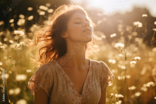 eine Frau mit geschlossenen Augen im Blumenfeld, goldenes Licht, a woman with closed eyes in flower field, golden light