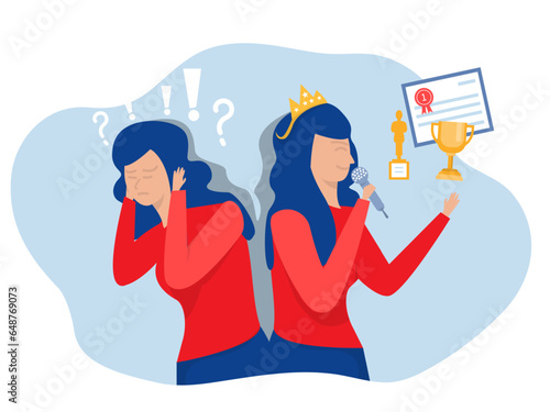 Imposter syndrome.Women present self confidence success different Anxiety and lack of self confidence in head human at work the person fakes is someone else