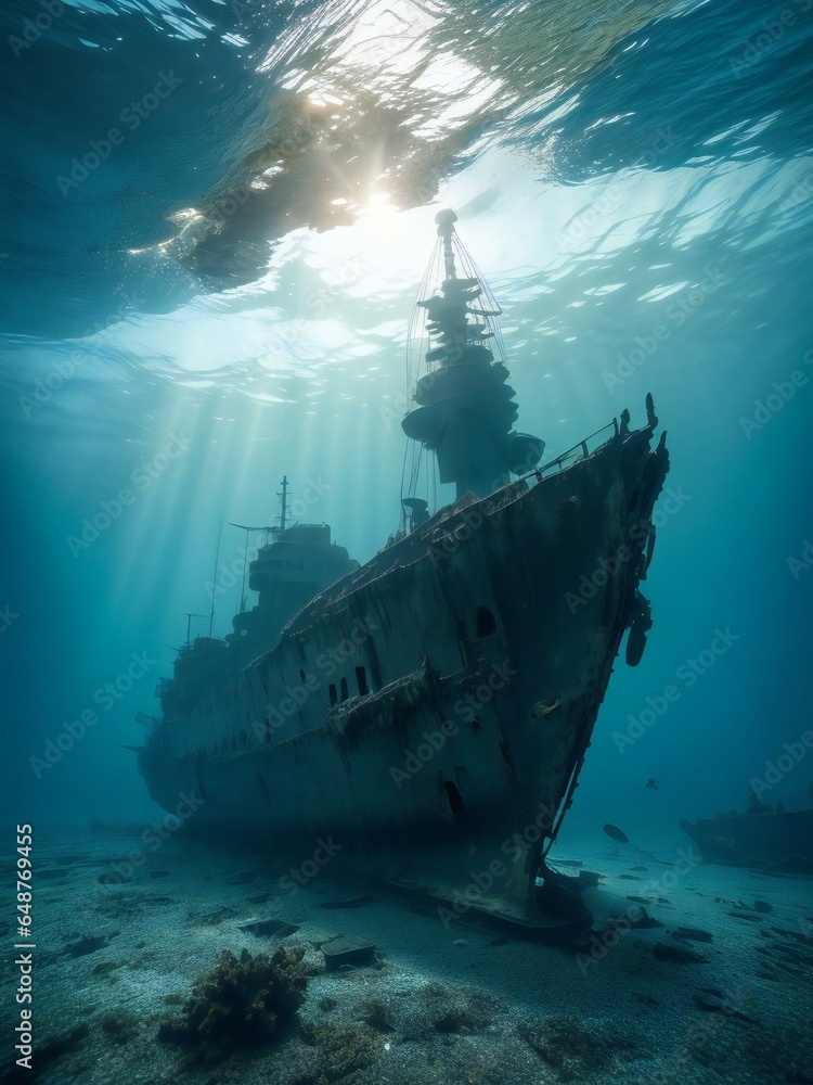 Fototapeta premium a ship under water with the sun shining through the clouds