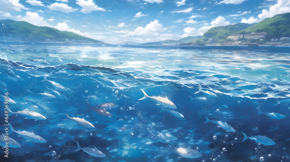 Fototapeta premium Underwater scene with coral reef and fish. in illustration style