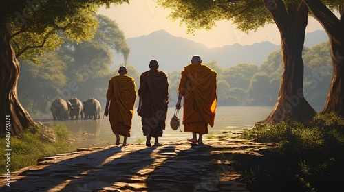 3 monks trekking in a wilderness, river, with an elephant following behind them © somchai20162516