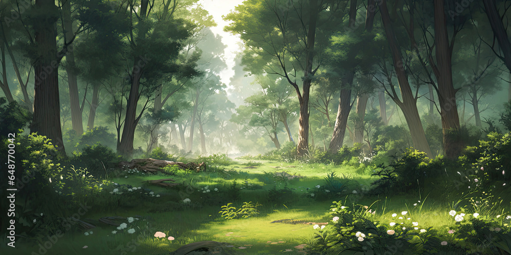 Fototapeta premium anime cartoon style woodland forest background banner, generated ai