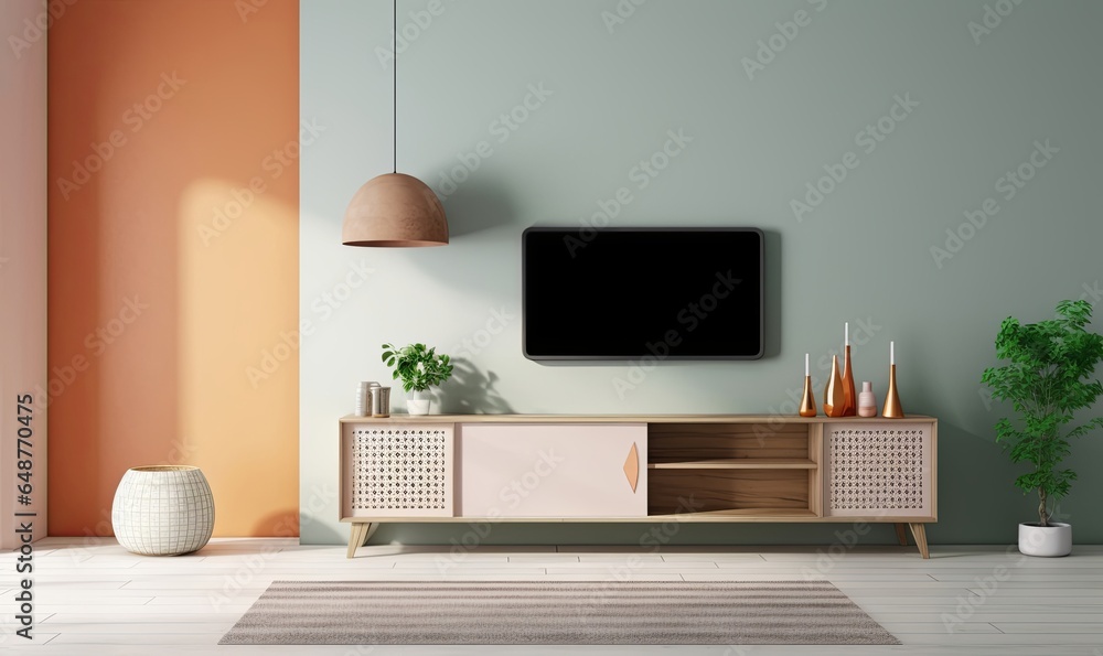 Two tone color wall background, Modern living room decor with a tv cabinet, Generative AI Two tone color wall background, Modern living room decor with a tv cabinet, Generative AI