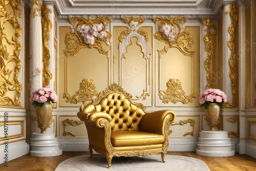 3d mural wallpaper Classic armchair in classic interior space.Walls with mouldings ornate cornice Decorative columns and flowers Jewelery