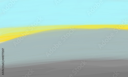 Abstract minimalist landscape. Impressionism painting. Composition of blue, yellow, grey, and brown colors. Hand drawn illustration.
