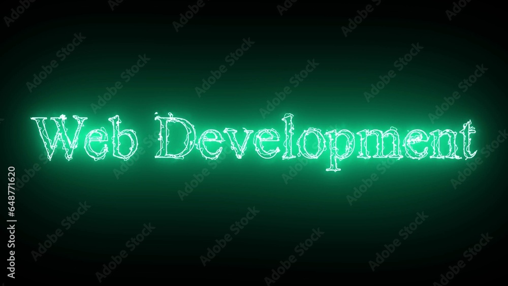 Abstract cyan color neon glowing text Web Development text icon isolated on black.