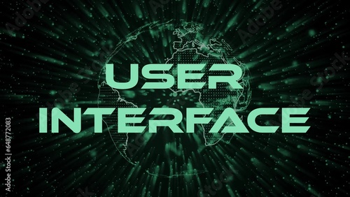 User Interface text concept on si-fi particles background. Dot particles technological earth.
