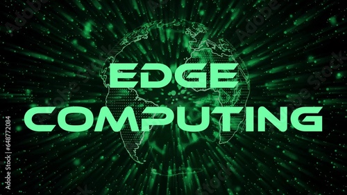 Edge Computing text concept on si-fi particles background. Dot particles technological earth.