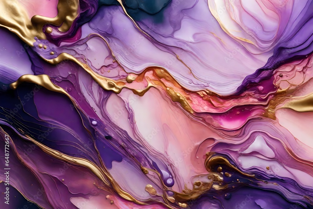 Abstract purple, lilac, pink, gold background, wallpaper. Mixing acrylic paints. Modern art. Alcohol ink colors translucent. Alcohol Abstract contemporary art fluid.