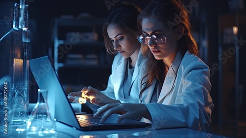 Two female scientists are using laptops in the laboratory. photo