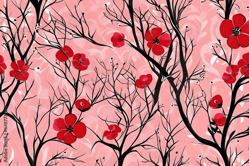 Wallpaper for home decor for living red flowers with black branches and white circles on a pink background Wallpaper for home decor for living red flowers with black branches and white circles on a pink background