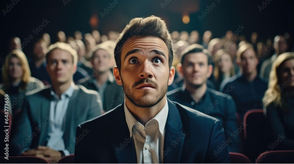 Portrait of an insanely surprised young businessman with colleagues at the presentation. Portrait of an insanely surprised young businessman with colleagues at the presentation.