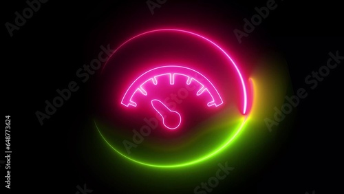 Glowing neon line with speedometer speed time clock icon in blue neon style. abstract illustration background.