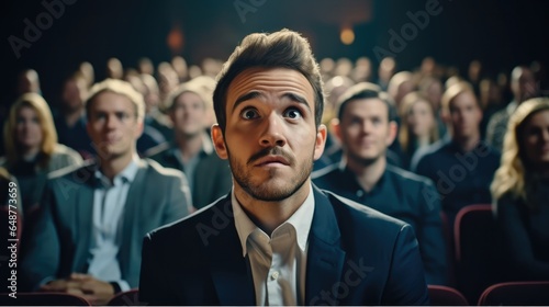 Portrait of an insanely surprised young businessman with colleagues at the presentation. photo