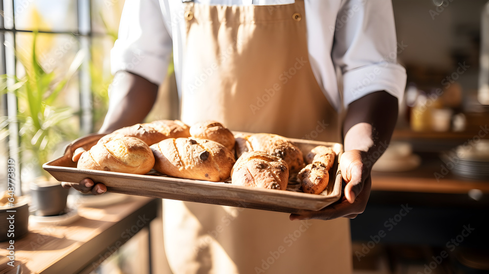 Close up of an African American man's hands holding a board of danish pastries