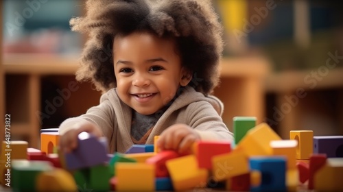 African American child playing with colorful block toys at living room.