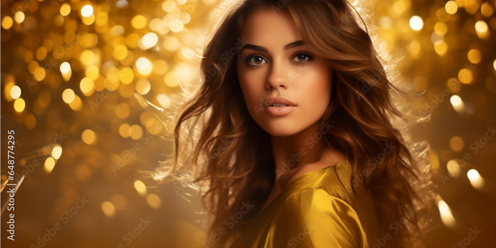 Fashionable girl with curly hair on a background of golden glitter golden bokeh with free space.