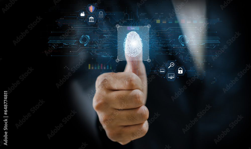 Business people scanning ai fingerprint technology digital programs futuristic, finger scanning, privacy, password, cyber security, AI, cloud online technology to protect client IT lock icon Business people scanning ai fingerprint technology digital programs futuristic, finger scanning, privacy, password, cyber security, AI, cloud online technology to protect client IT lock icon