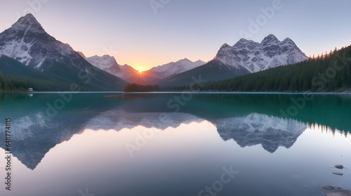 Awe-Inspiring Sunrise Over a Serene Mountain Lake, A Breathtaking Masterpiece of Nature's Tranquility and Majestic Beauty Unveiled © Digital Art 420