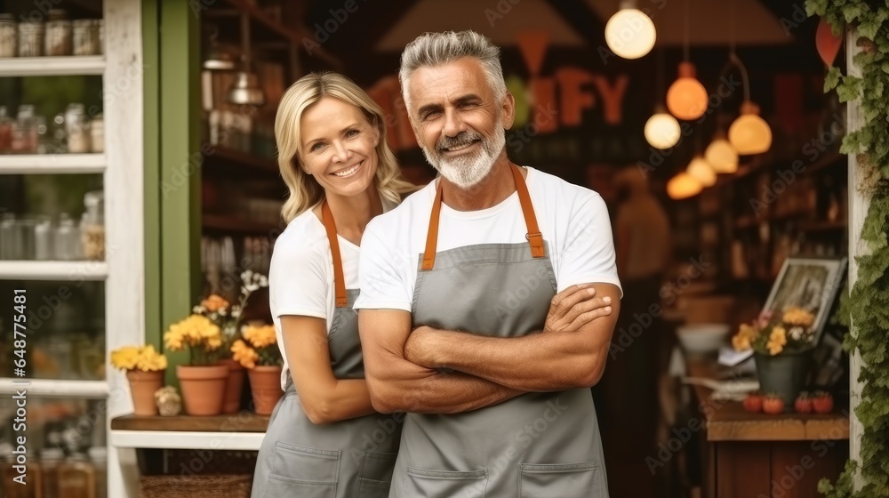 Happy Mature Couple Organic Cafe Owners Posing Together Outdoors, We're proud to be open. Happy Mature Couple Organic Cafe Owners Posing Together Outdoors, We're proud to be open.